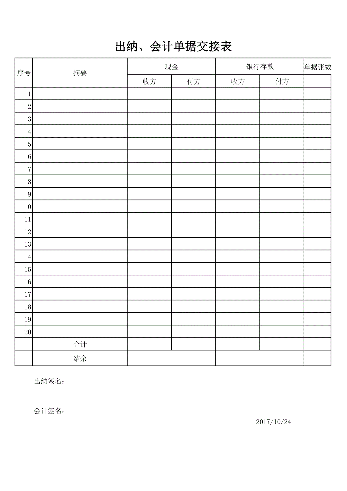 会计签名:出纳,会计单据交接表现金银行存