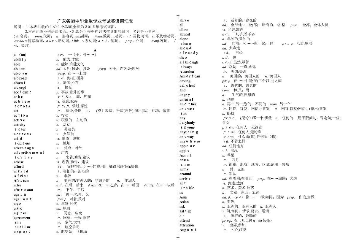 年广东中考英语考纲1600词汇表及300词组表 整理打印版 三一刀客